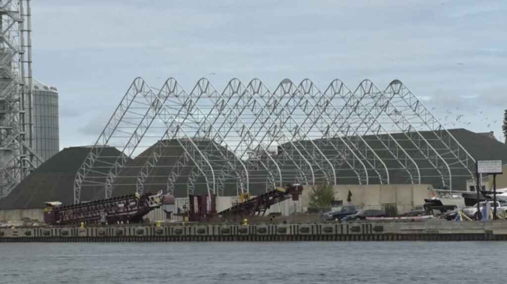 The metal structure that stands of the facility being built by the Oswego Port Authority.