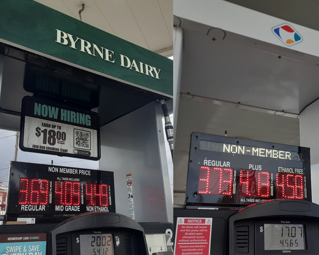 side by side of gas prices from Byrne Dairy and Fastrac in Oswego, NY.