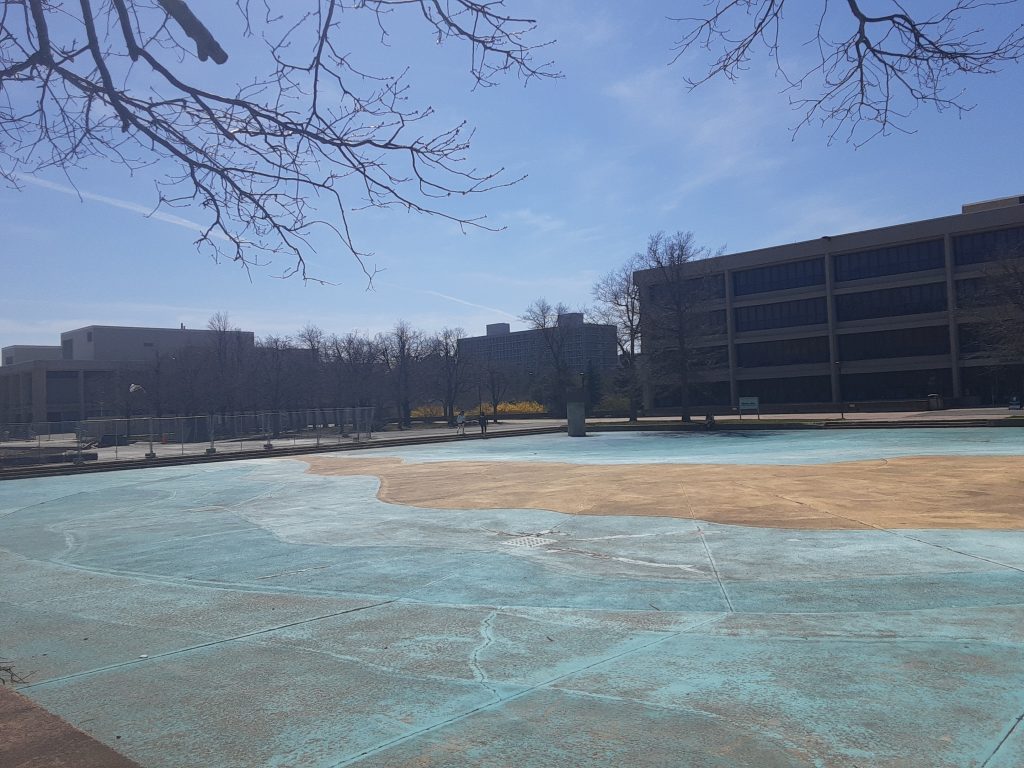 The quad at SUNY Oswego sits empty.