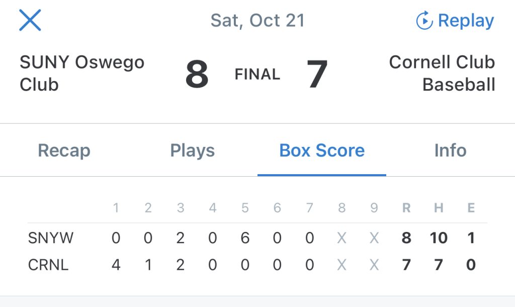 Box score of Oswego's game where they out up 6 runs in the 5th inning to come back and win